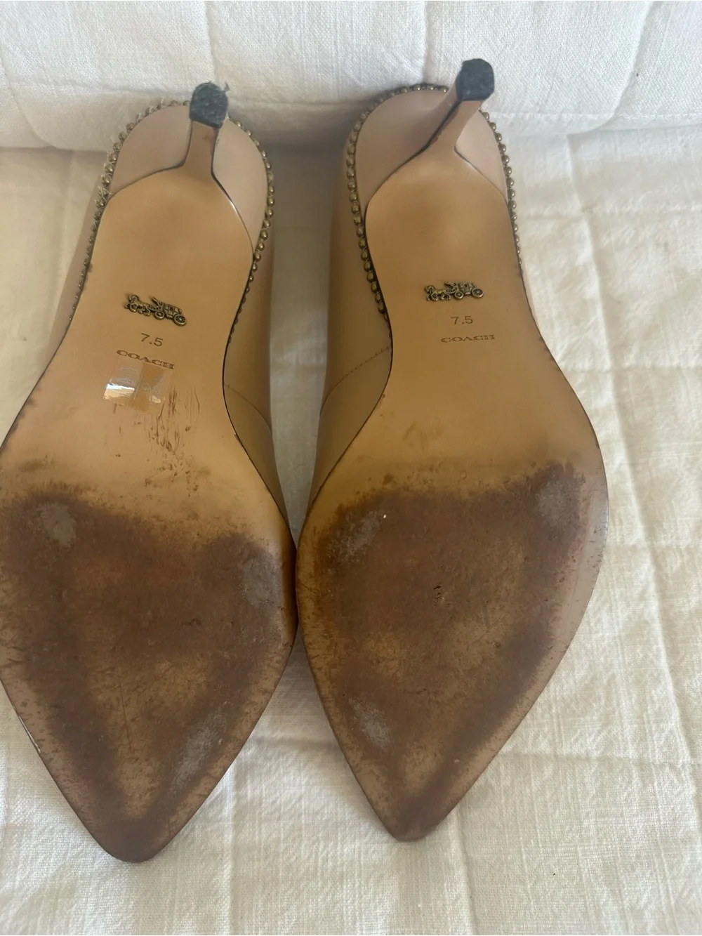 Coach Nude Leather Pointed-Toe Studded Pumps – Size 7.5